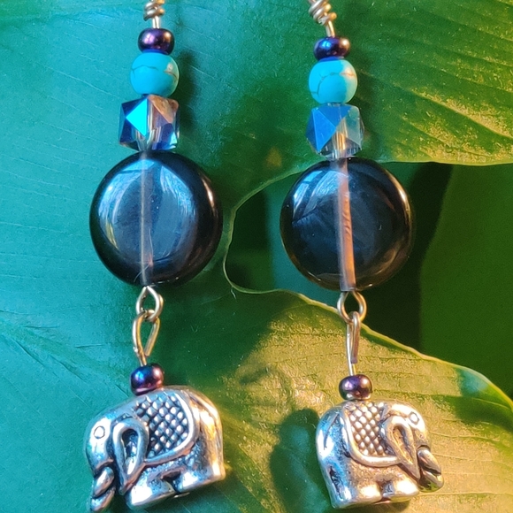 Smokey Quartz, Elephant Charm, Dyed Howlite Earrings - Picture 8 of 16